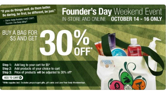 The Body Shop Canada: 30% off All Orders With $5 Bag Purchase