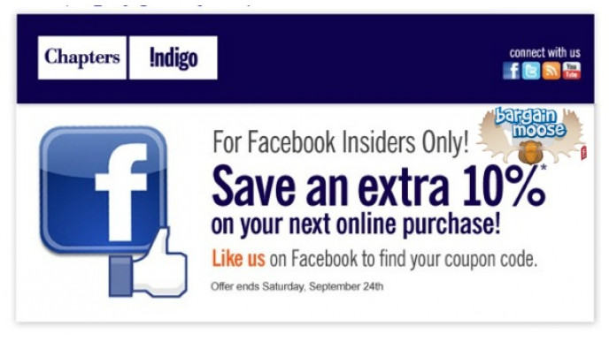 Chapters Canada: 10% Off When You Like on Facebook