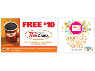 Shoppers $50 Spend, Free $10 Timmies Cards