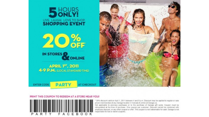 Garage: Save 20% Online Or In Stores (1 April 4-9 pm)