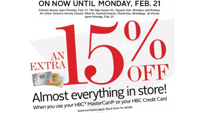 The Bay: Extra 15% off When you Use your HBC Card