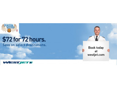 Westjet Travel Deal: $72 for 72 Hours