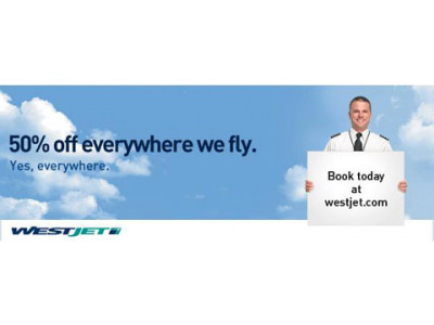 Westjet 50% Off All Destination Flights
