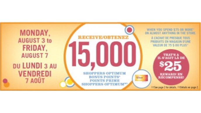 Shoppers Drug Mart 15,000 Bonus Optimum Points On A $75 Spend!