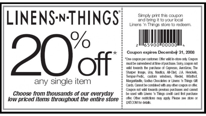 Linens and things printable coupon for 20% discount off any single item (in store)