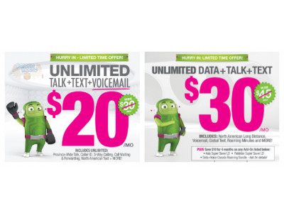 Mobilicity: $20 Unlimited Provice Wide or $30 Unlimited Canada Wide Plans
