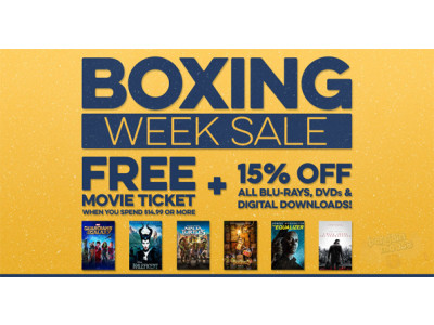 Free Movie Ticket When You Purchase a Minimum of $15 & 15% Off Digital Downloaded Movies/Discs @ Cineplex Boxing Day Sale
