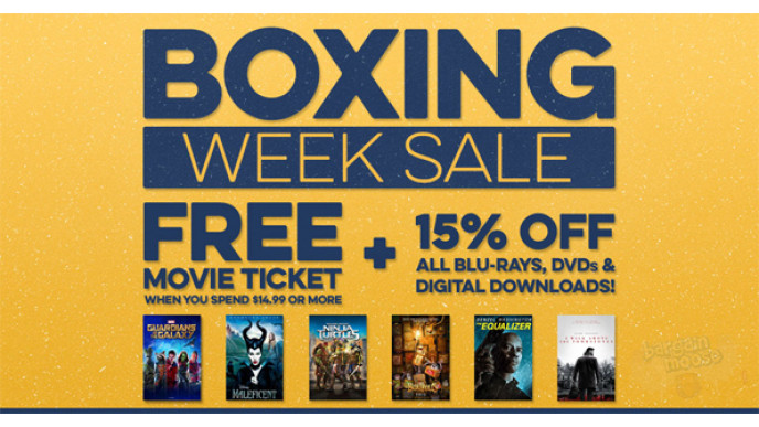 Free Movie Ticket When You Purchase a Minimum of $15 & 15% Off Digital Downloaded Movies/Discs @ Cineplex Boxing Day Sale