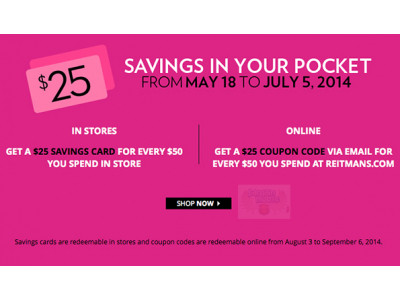 Reitmans Canada: Get $25 Savings Card Or Coupon Code For Every $50 Spent In-Store & Online