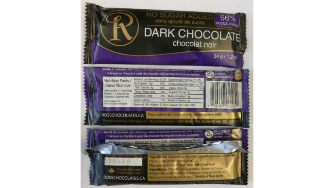 RECALL: Ross Chocolates No Sugar Added Dark Chocolate Bars
