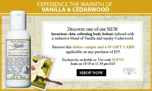 Kiehls Canada Promo Code Get Sample Of Vanilla Cedarwood Lotion 5 Gift Card W Purchases 55