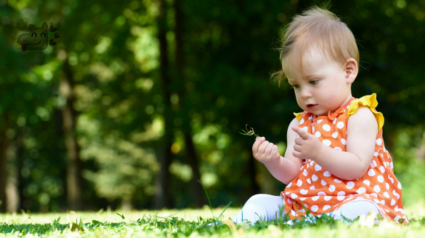 happy young baby child sittng on grass on beautiful summer day in park