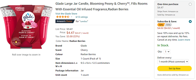 Glade Blooming Peony & Cherry Large Jar Candle From $4.02 @ Amazon Canada
