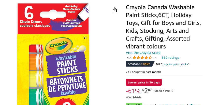 Crayola Canada Washable Paint Sticks $2.87 @ Amazon
