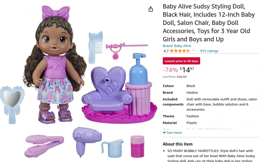 Baby Alive Sudsy Styling Dolls $14.97 @ Amazon