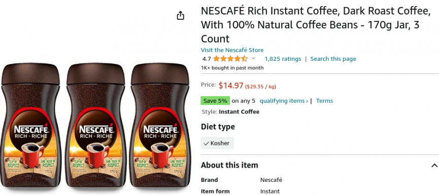 3 X NESCAFÉ Rich Instant Dark Roast Coffee 170g $14.97 @ Amazon
